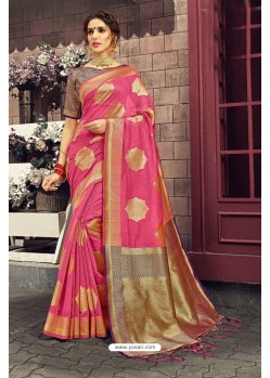Wonderful Pink Heavy Designer Linen Silk Embellished Saree