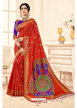 Glamorous Orange Designer Banarasi Silk Saree