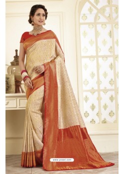 Amazing Cream and Red Traditional Banarasi Art Silk Saree