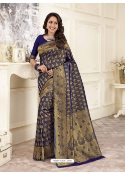 Flawless Navy Blue and Gold Designer Banarasi Art Silk Saree