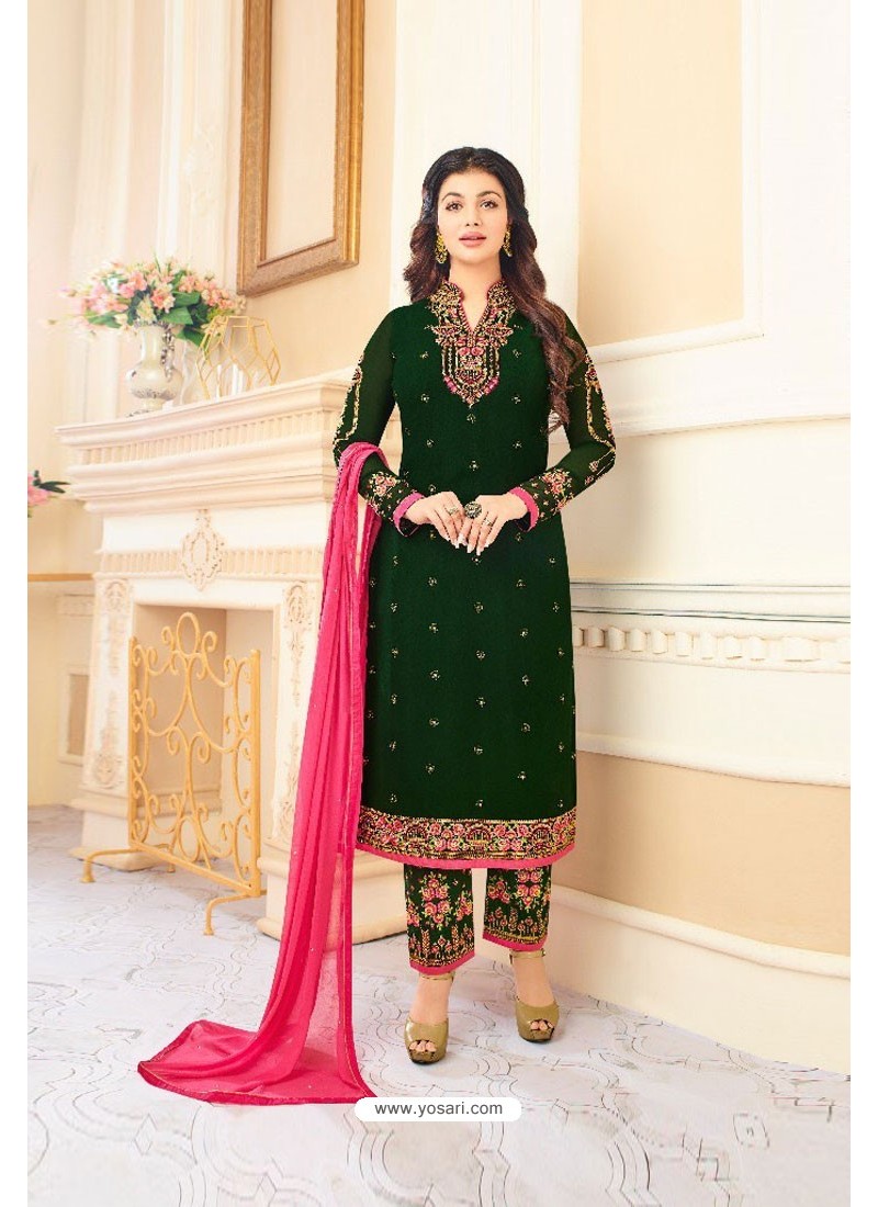 Embroidered Art Silk Pakistani in Olive Green Dresses For Women