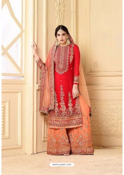 Glowing Red Faux Georgette Heavy Embroidred Plazzo Suit