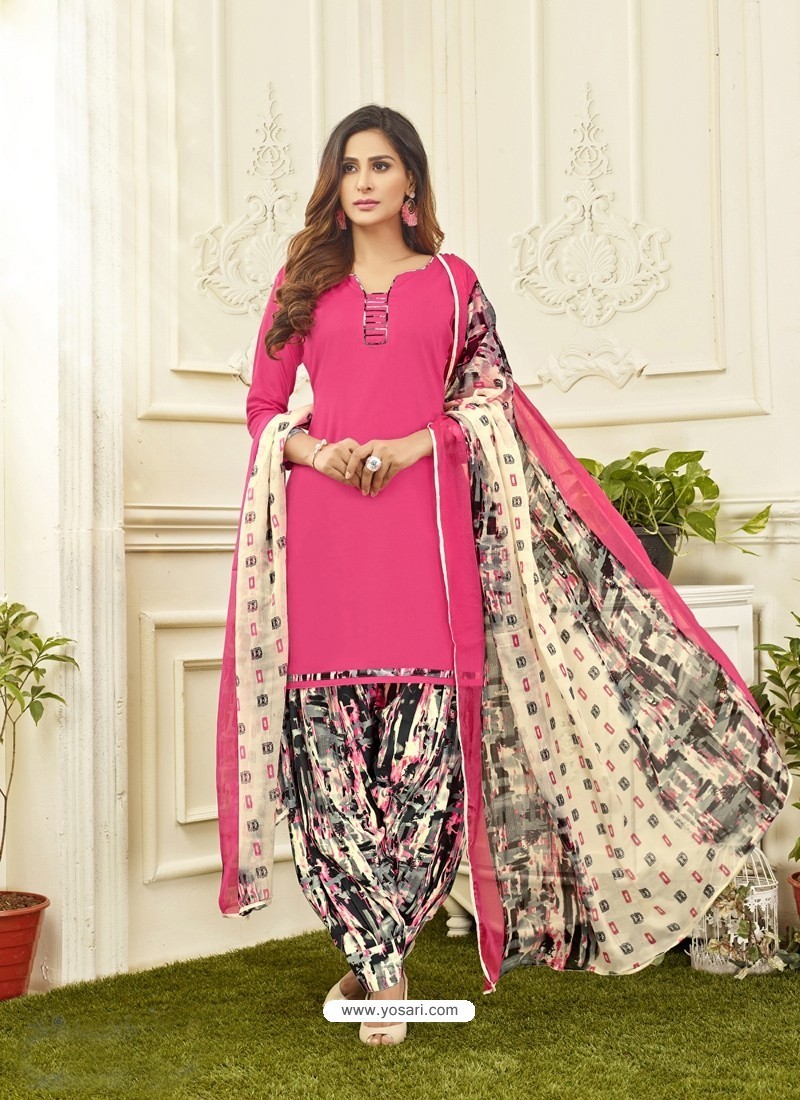 Buy Fuchsia Cotton Satin Printed Patiala Suits | Punjabi Patiala Suits