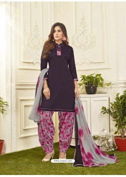 Purple Cotton Satin Printed Patiala Suits