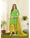 Parrot Green Cotton Satin Printed Patiala Suits