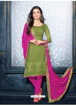 Green And Pink Unique Net Churidar Suit