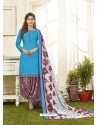 Turquoise Cotton Satin Printed Patiala Suits