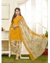 Yellow Cotton Satin Printed Patiala Suits
