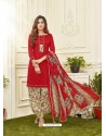 Red Cotton Satin Printed Patiala Suits