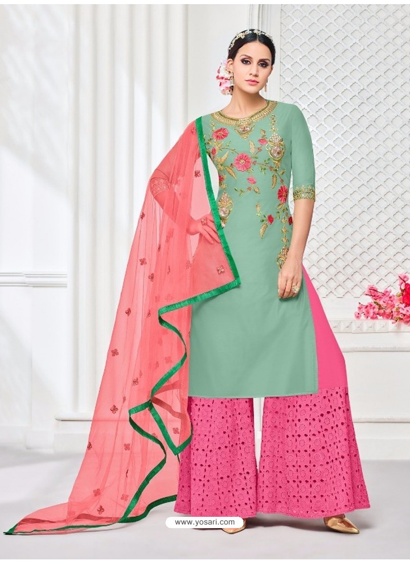 Buy Green And Pink Heavy Embroidred Designer Plazzo Suits | Palazzo ...