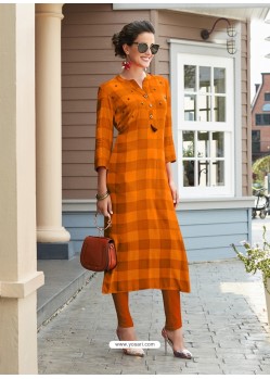 Orange Printed Rayon Trendy Readymade Kurti