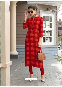 Red Printed Rayon Trendy Readymade Kurti