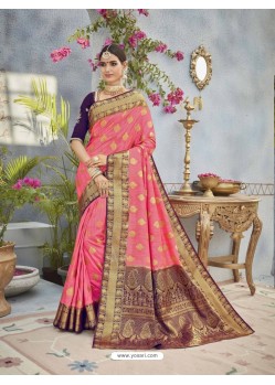 Phenomenal Light Pink and Gold Banarasi Silk Designer Saree