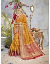 Desirable Yellow And Red Banarasi Silk Designer Saree