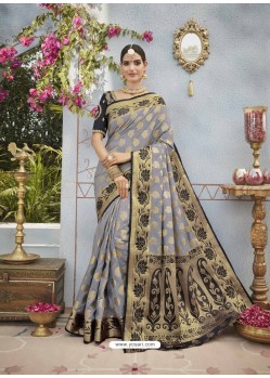 Charming Grey And Black Banarasi Silk Designer Saree