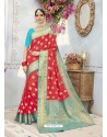 Fabulous Red And Turqouise Banarasi Silk Saree