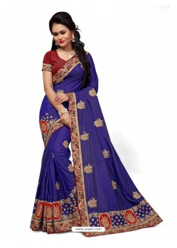 Dark Blue Two Ton Silk Designer Embroidred Saree