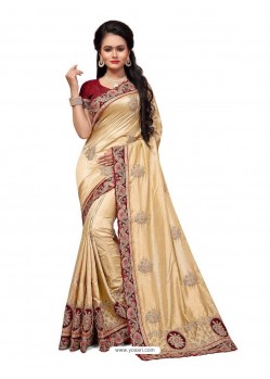 Beige Two Ton Silk Designer Embroidred Saree