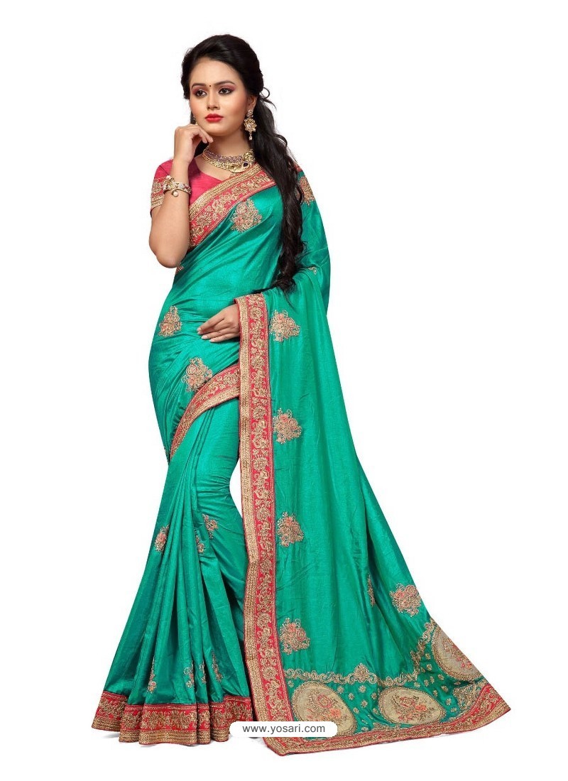 Buy Jade Green Two Ton Silk Designer Embroidred Saree |Designer Sarees
