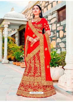 Remarkable Red Micro Velvet Embroidered Wedding Lehenga Choli