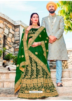 Spectacular Dark Green Micro Velvet Embroidered Wedding Lehenga Choli