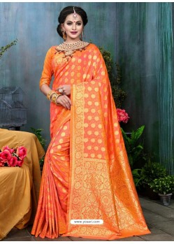 Orange Traditional Banarasi Silk Designer Saree