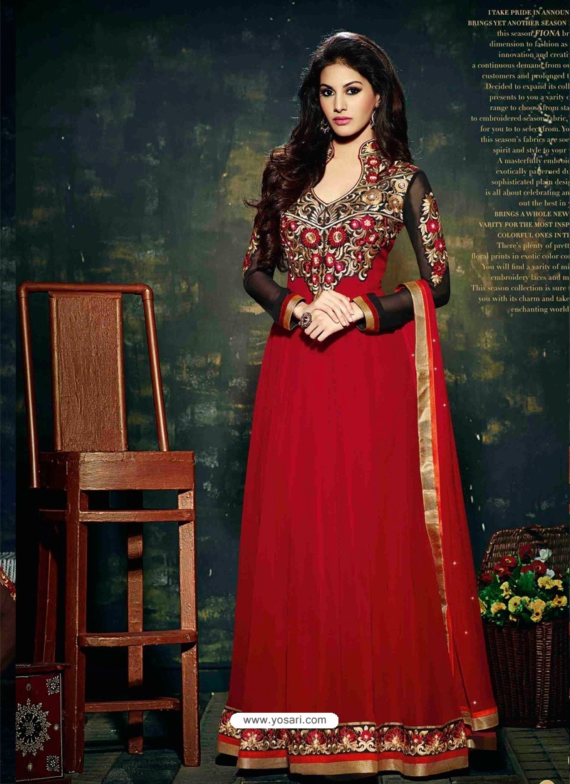 Red Embroidered Work Anarkali Suit