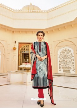 Pleasing Grey And Red Cotton Printed Straight Salwar Suit