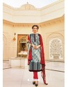 Pleasing Grey And Red Cotton Printed Straight Salwar Suit