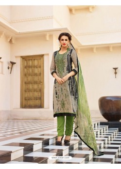 Attractive Taupe And Green Cotton Printed Straight Salwar Suit