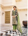 Attractive Taupe And Green Cotton Printed Straight Salwar Suit