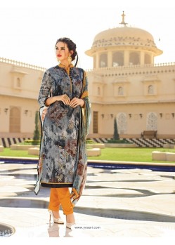 Glamorous Grey And Yellow Cotton Printed Straight Salwar Suit