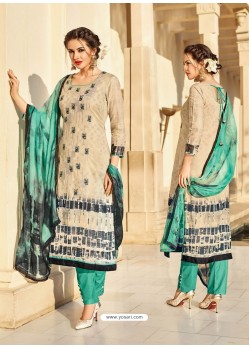 Graceful Beige And Green Cotton Printed Straight Salwar Suit