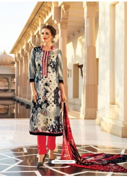 Elegant Multi Colour And Red Cotton Printed Straight Salwar Suit