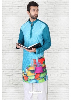 Magnificent Teal Blue Cotton Polyster Designer Readymade Mens Kurta Pajama