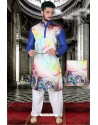 Glowing Royal Blue And Multi Colour Polyster Designer Readymade Mens Kurta Pajama