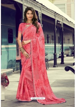 Light Pink Chiffon Printed Silk Saree