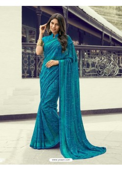 Teal Blue Georgette Printed Silk Saree