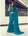 Teal Blue Georgette Printed Silk Saree