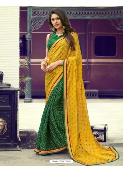 Yellow And Dark Green Chiffon Printed Silk Saree