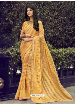 Yellow Chiffon Printed Silk Saree