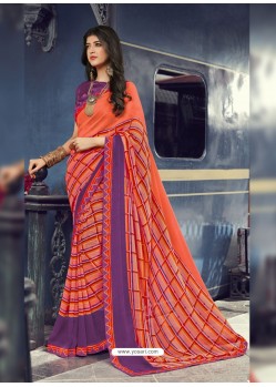 Orange Georgette Printed Silk Saree