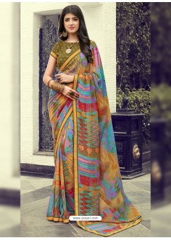 Multi Colour And Green Georgette Printed Silk Saree