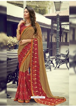 Camel Georgette Printed Silk Saree