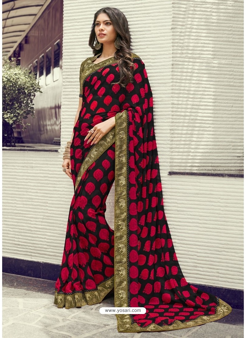 Red and Black Thread Work Jacquard Party Wear Saree 22143