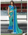 Jade Green And Blue Chiffon Printed Silk Saree