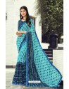 Turquoise Chiffon Printed Silk Saree