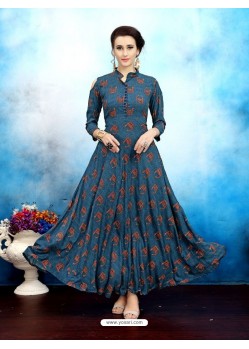 Teal Blue Rayon Printed Designer Readymade Kurti