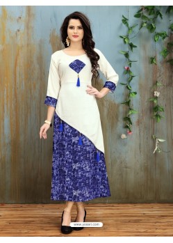 White And Blue Rayon Printed Designer Readymade Kurti