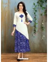 White And Blue Rayon Printed Designer Readymade Kurti